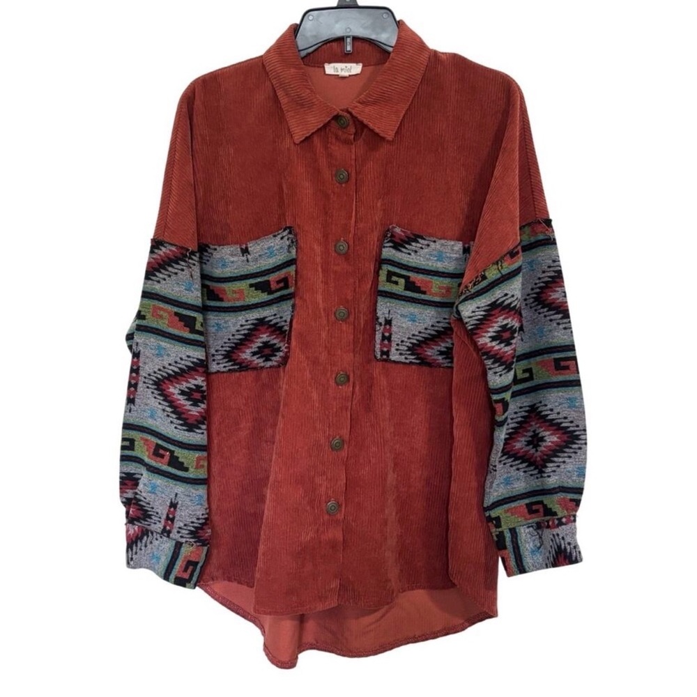 La Miel Southwestern Aztec Print Corduroy Shacket Oversized Small Boho Cowgirl